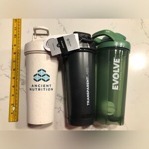 Lot of 3 Shaker Bottles - Transparent Labs, Ancient Nutrition, Evolve Blenders